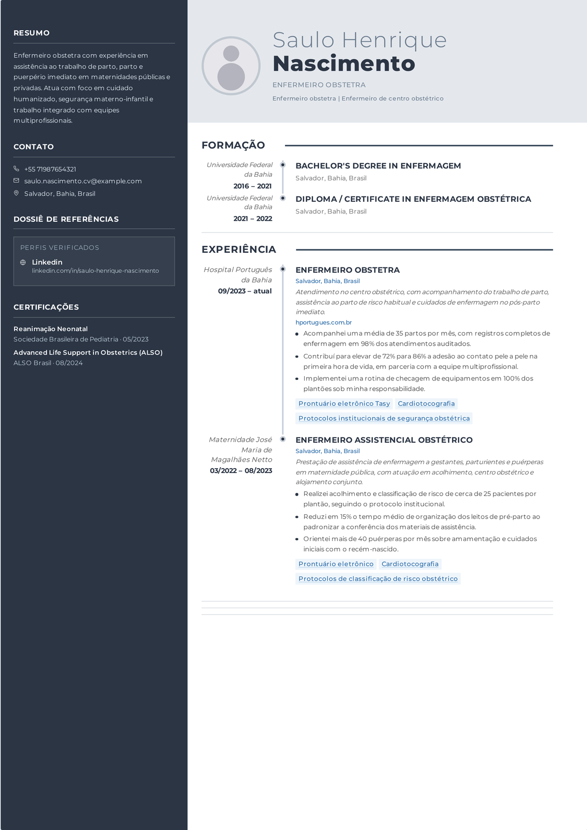 Exemplo de currículo de enfermeiro obstétrico: currículo de um enfermeiro de centro de parto encabeçado por monitoramento fetal eletrônico e NRP, mostrando apoio ao parto, cuidado ao recém-nascido e reconhecimento de emergências.