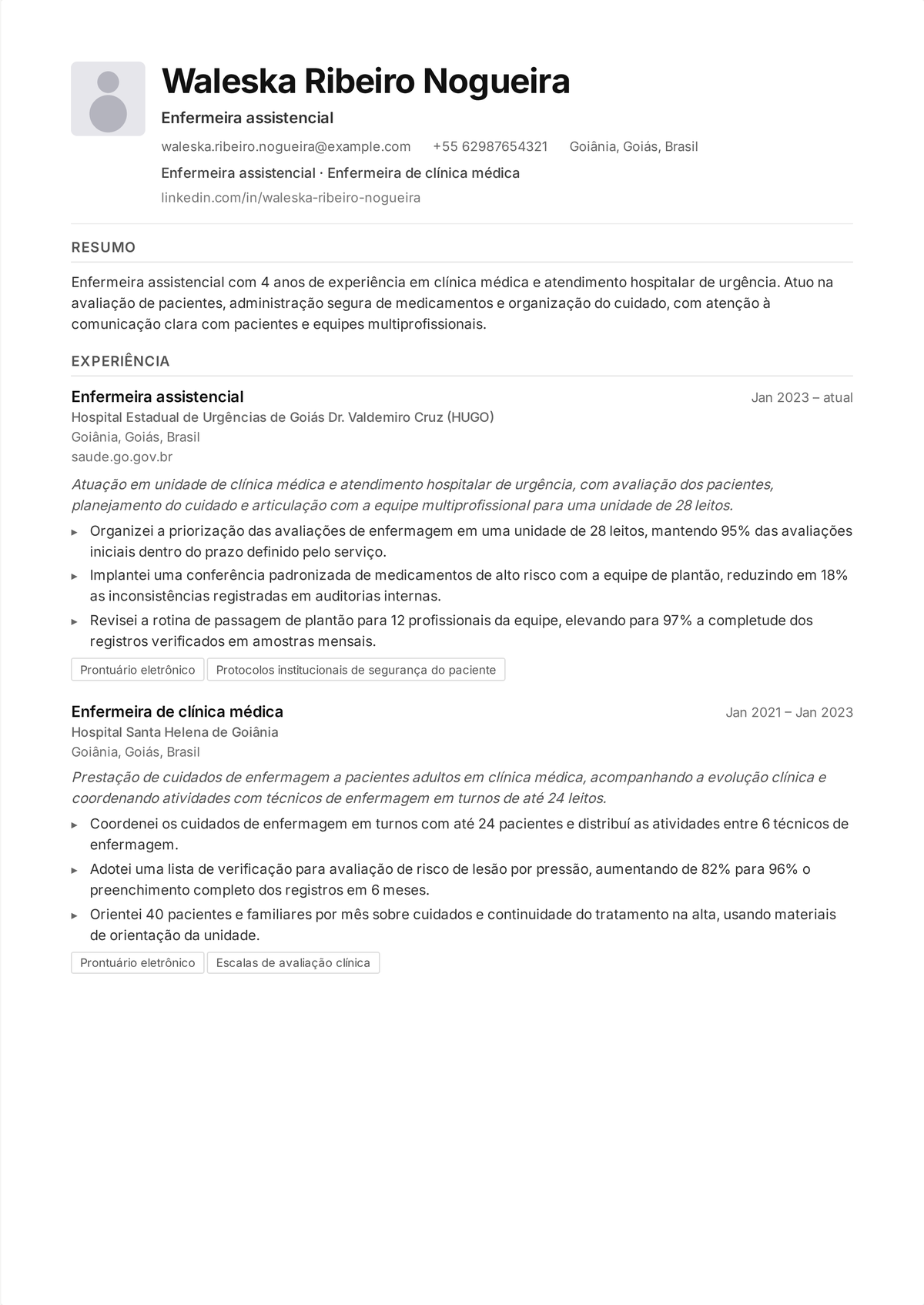 Exemplo de currículo de enfermeiro médico-cirúrgico: currículo de um enfermeiro assistencial mostrando uma escala completa de pacientes, documentação em prontuário eletrônico e baixas taxas de quedas e reinternações.