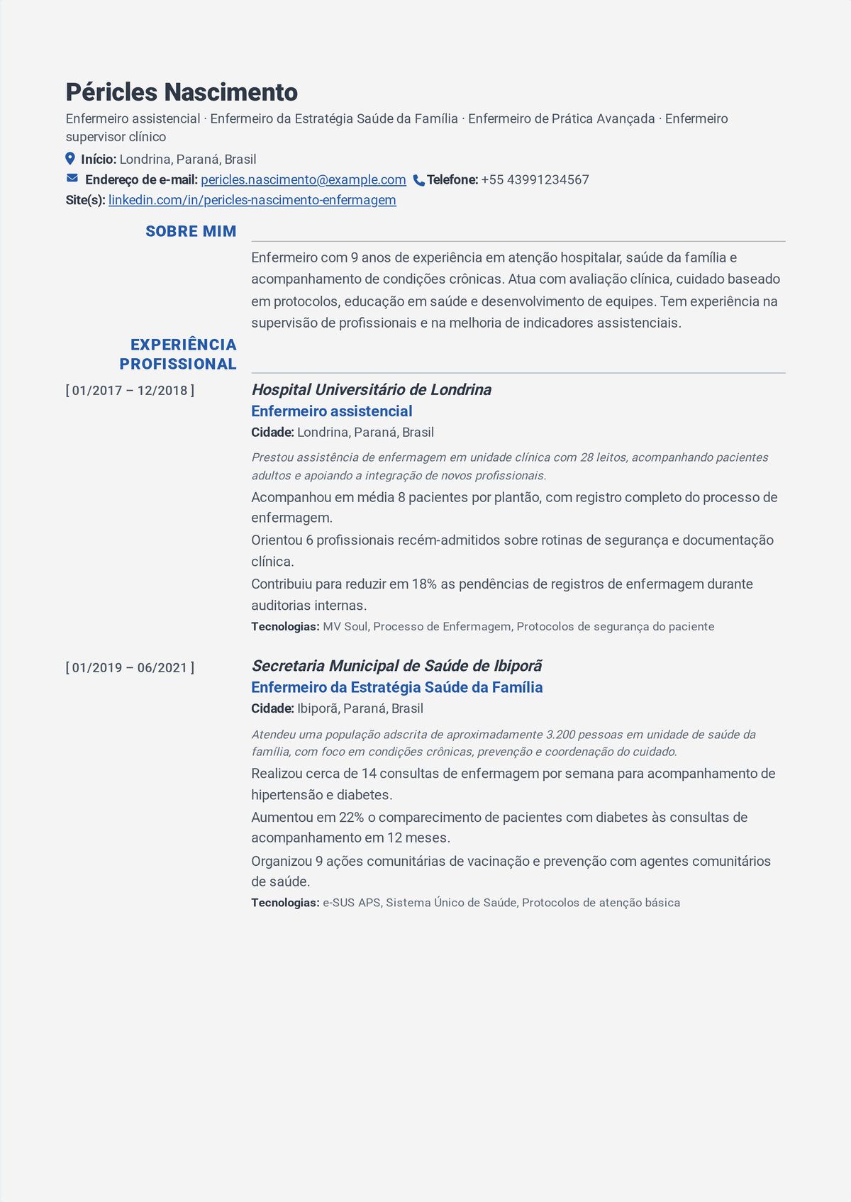 Exemplo de currículo de enfermeiro especialista: currículo encabeçado pela licença APRN, certificação de especialidade e autoridade prescritiva, mostrando uma carteira de pacientes sob responsabilidade e indicadores de qualidade.