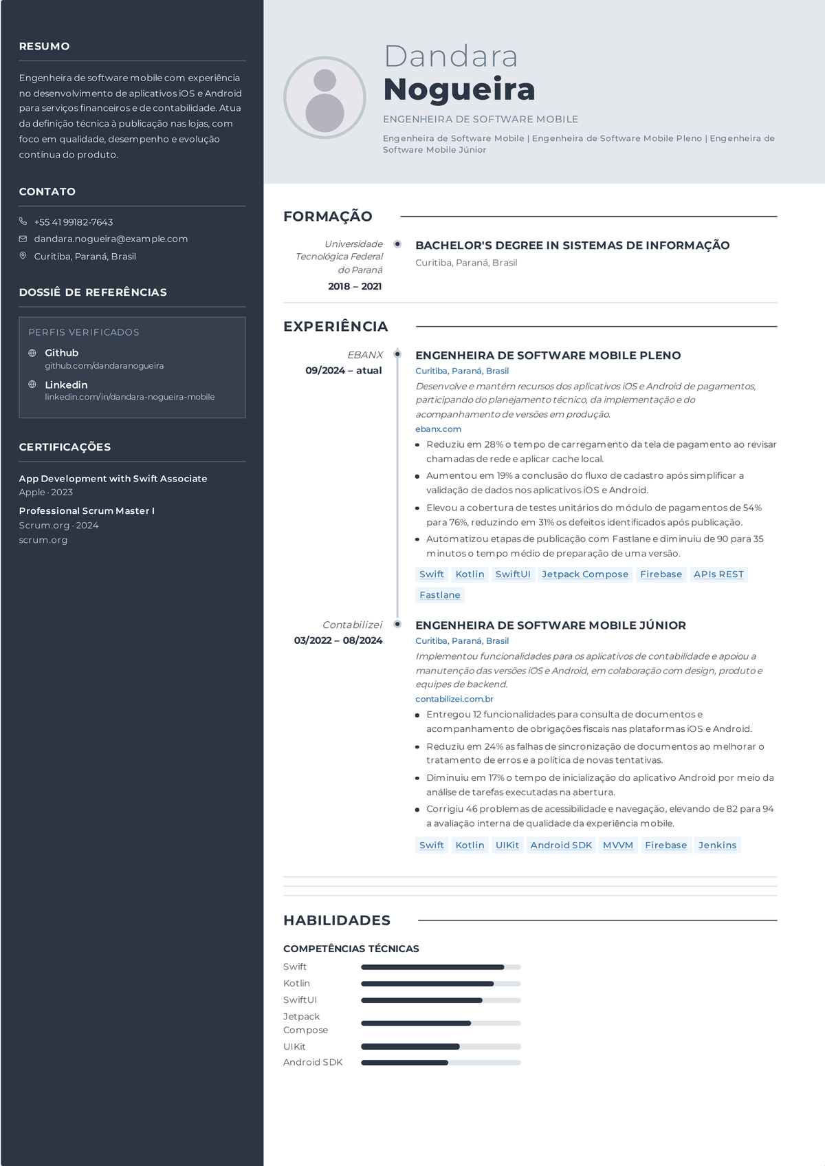 Exemplo de currículo de engenheiro mobile: currículo de um desenvolvedor iOS e Android de meio de carreira mostrando trabalho em Swift e Kotlin, lançamentos na App Store e na Play Store, taxas de sessões sem travamento e métricas de retenção.