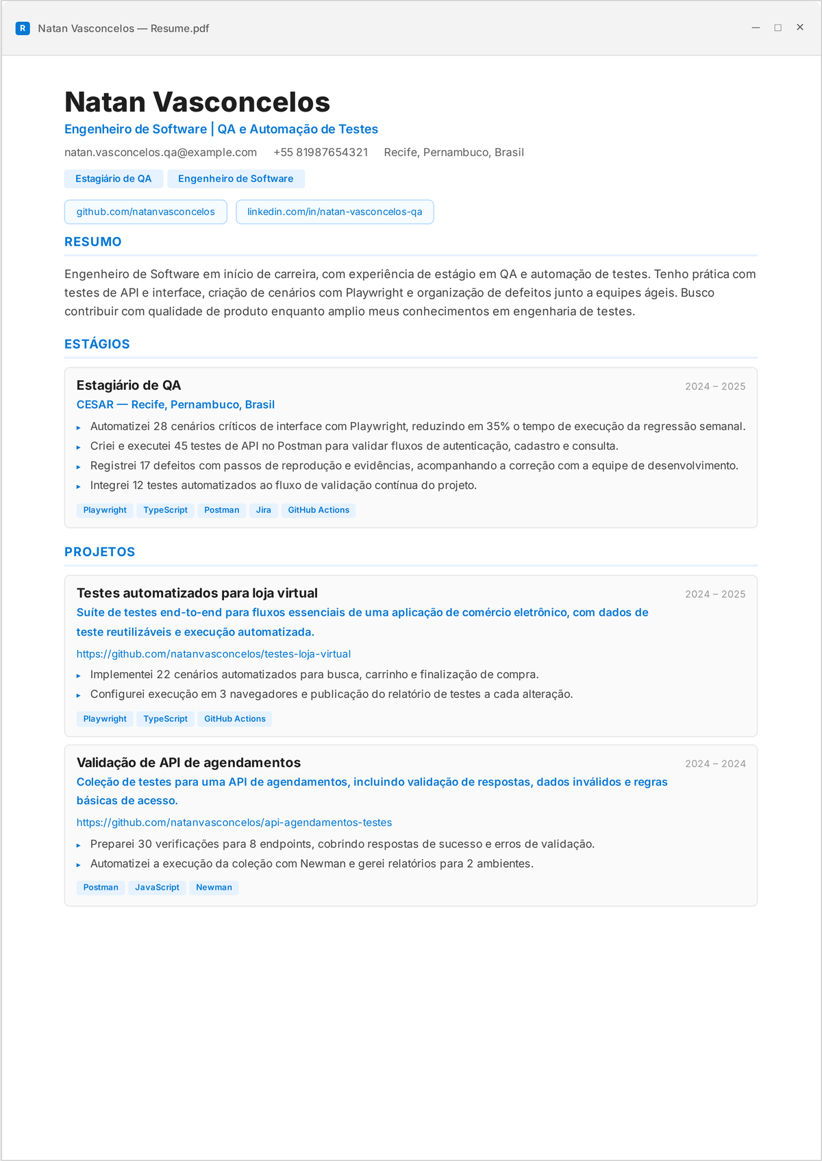 Exemplo de currículo de engenheiro de QA e automação de testes: currículo de um engenheiro de QA de nível inicial mostrando uma stack de automação de testes, suítes integradas ao CI, cobertura adicionada e defeitos pegos antes do lançamento.