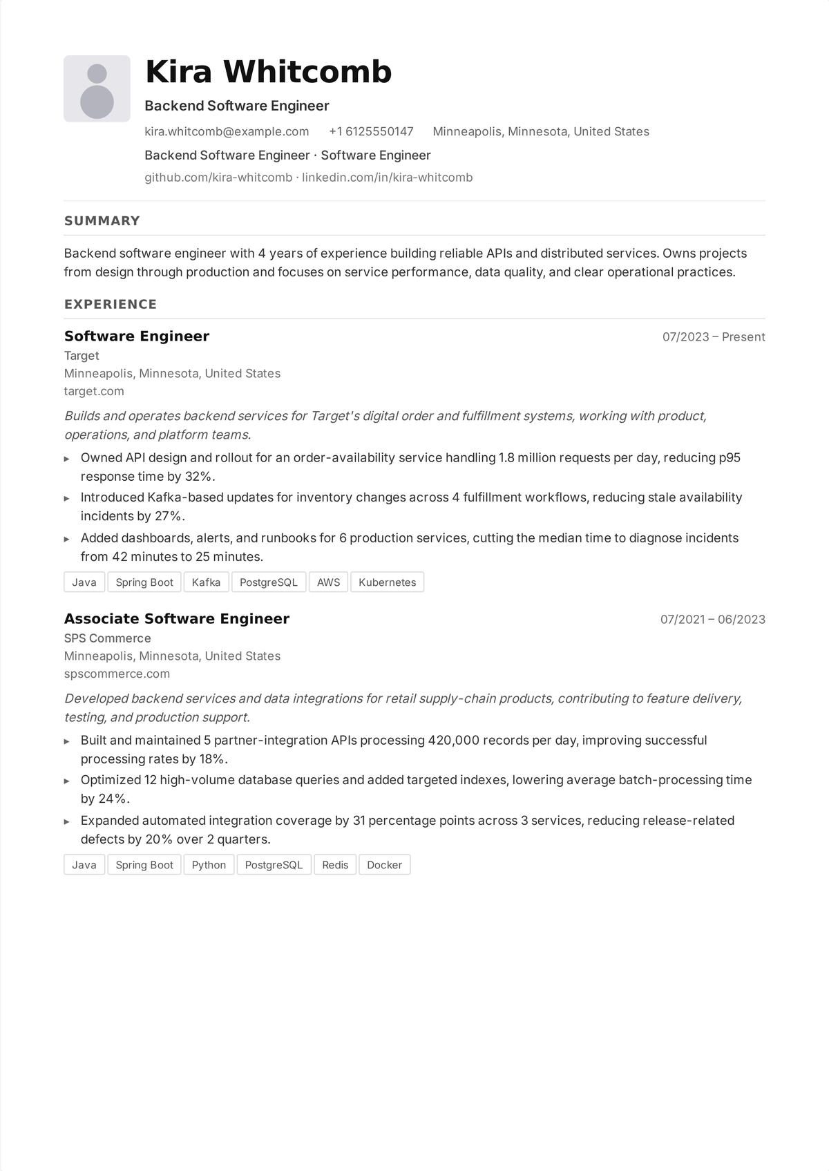 Backend engineer resume example: a mid-career backend developer's resume showing API design, a database and cloud stack, and metrics like requests per second, latency, and uptime.