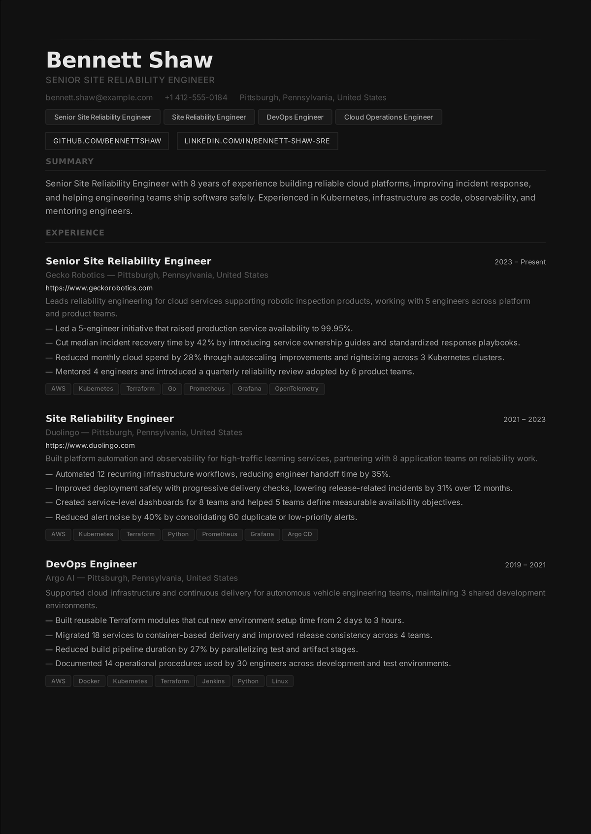 DevOps SRE engineer resume example: a senior reliability engineer's resume showing a cloud and Kubernetes stack, CI/CD pipelines, infrastructure as code, uptime and MTTR metrics, and cost savings.