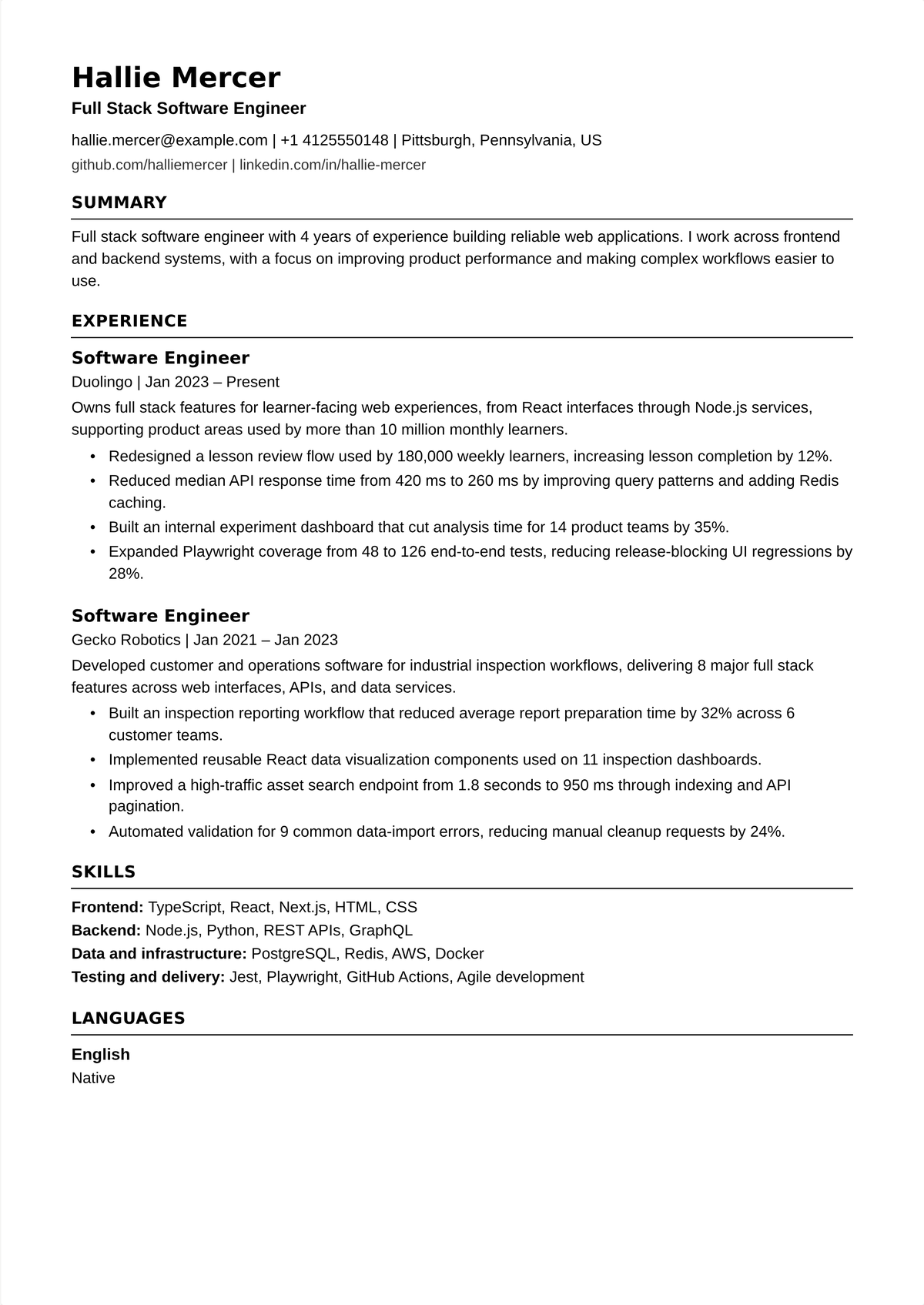 Full-stack engineer resume example: a mid-career full-stack developer's resume showing features owned end to end across frontend, backend, and deploy, with adoption and performance numbers.