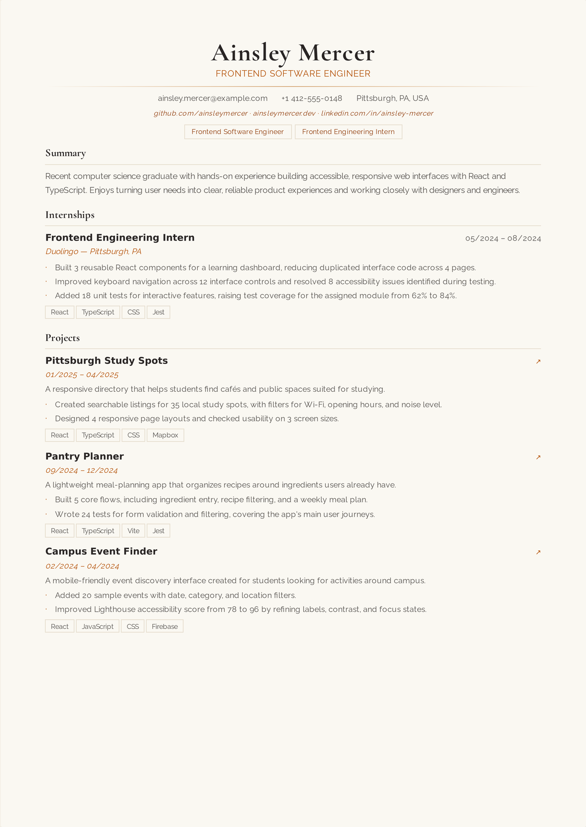 Junior frontend developer resume example: an entry-level developer's resume led by a JavaScript and React stack, with shipped projects, internship work, and links to live demos and GitHub.
