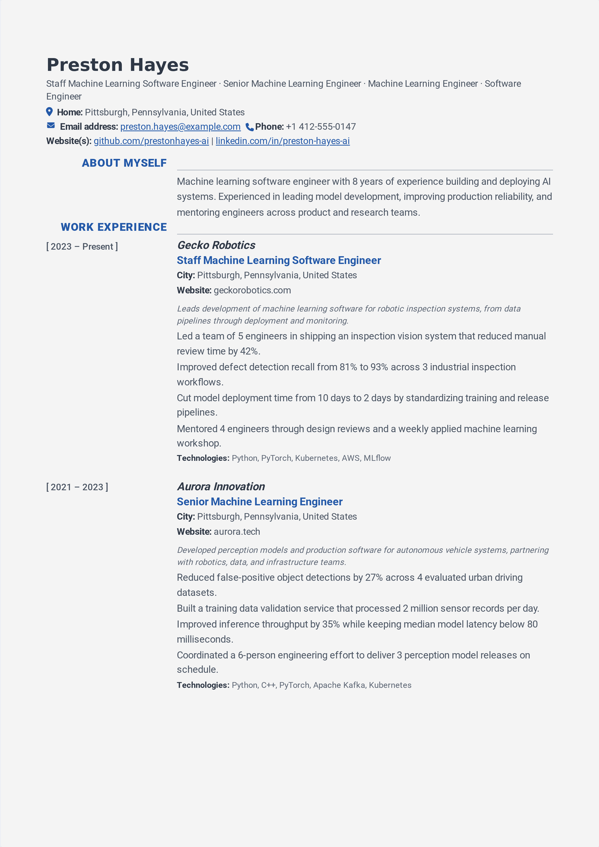 Machine learning engineer resume example: a senior ML/AI engineer's resume showing a Python and PyTorch stack, models shipped to production, MLOps pipelines, and downstream business impact.