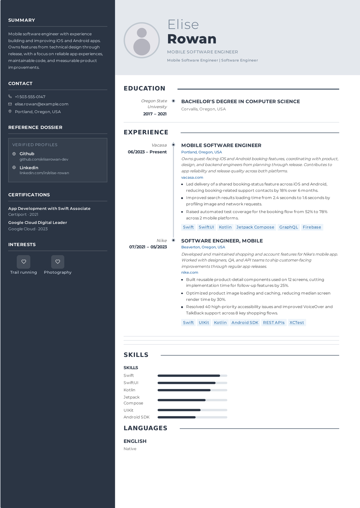 Mobile engineer resume example: a mid-career iOS and Android developer's resume showing Swift and Kotlin work, App Store and Play Store releases, crash-free rates, and retention metrics.