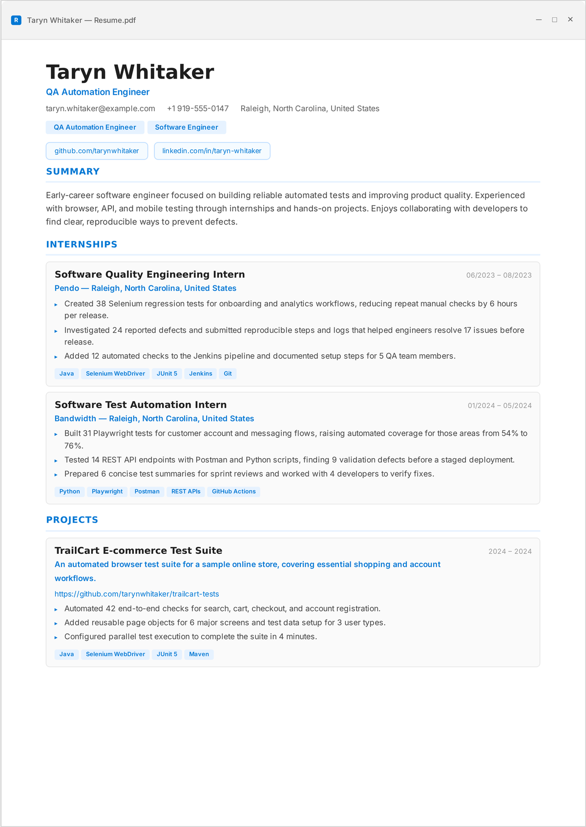 QA test automation engineer resume example: an entry-level QA engineer's resume showing a test-automation stack, suites built into CI, coverage added, and defects caught before release.