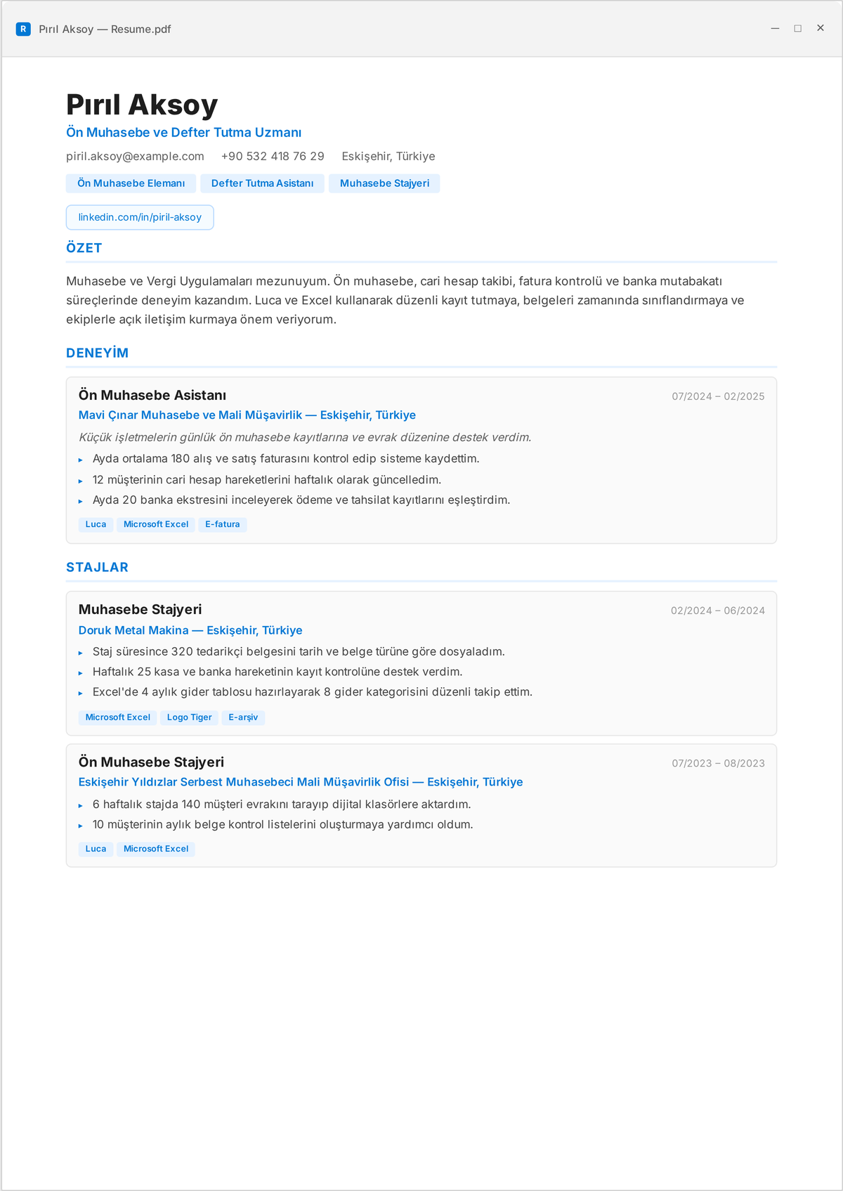 Ön muhasebe elemanı özgeçmiş örneği: QuickBooks ve Xero'yu, banka mutabakatlarını, AP/AR'yi ve birden çok müşteride aylık raporlamayı gösteren başlangıç seviyesi bir ön muhasebe elemanının özgeçmişi.