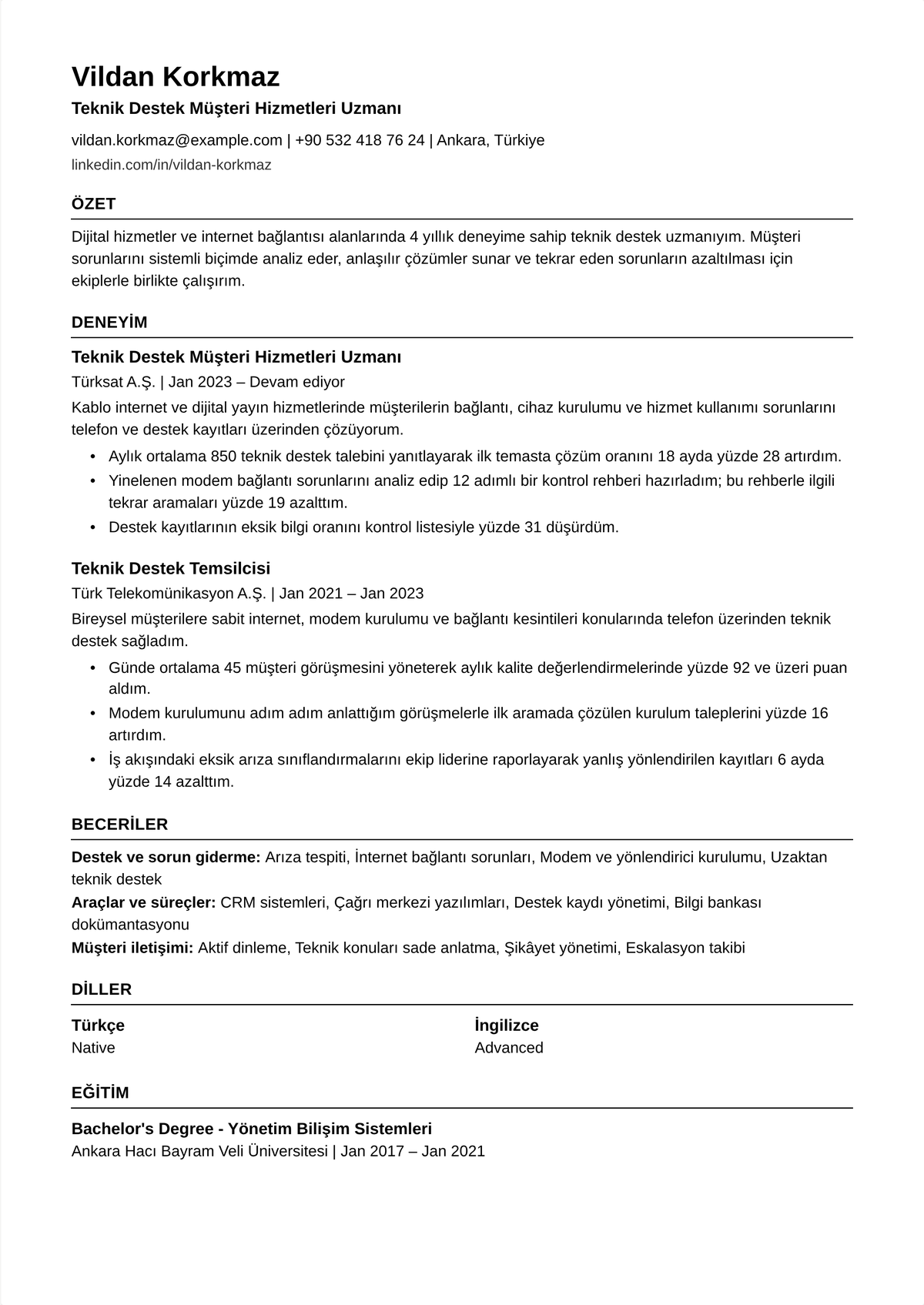 Teknik destek uzmanı özgeçmiş örneği: sorun giderme derinliğini, bilgi tabanı katkılarını, temiz yükseltmeleri ve teknik taleplerde CSAT'i gösteren orta kariyer bir teknik destek özgeçmişi.