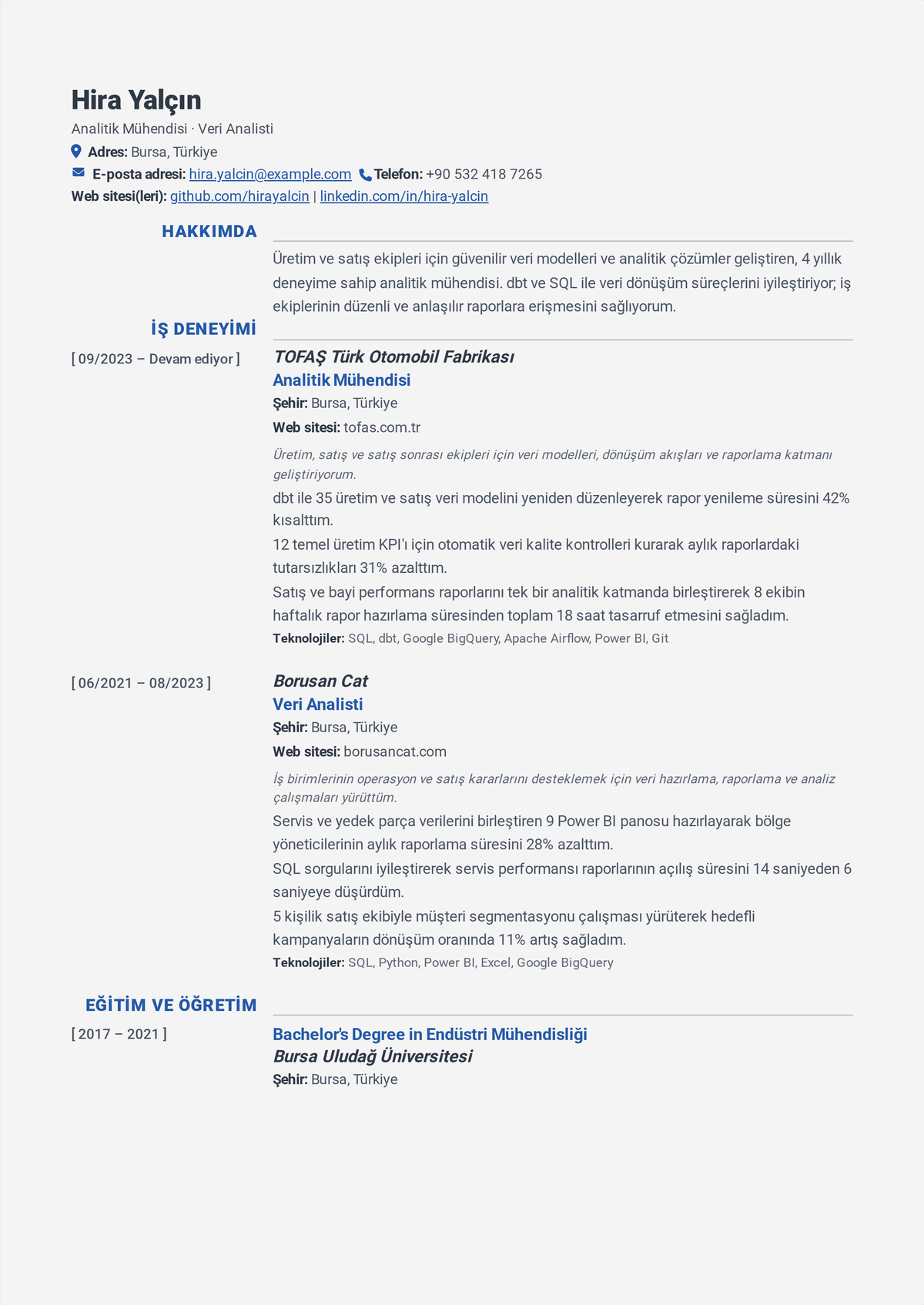 Analytics engineer özgeçmiş örneği: bir bulut ambarı üzerinde dbt ve SQL'i, test edilmiş dönüşüm modellerini, veri kalitesi zorunluluğunu ve kesilen hat çalışma süresini gösteren bir özgeçmiş.