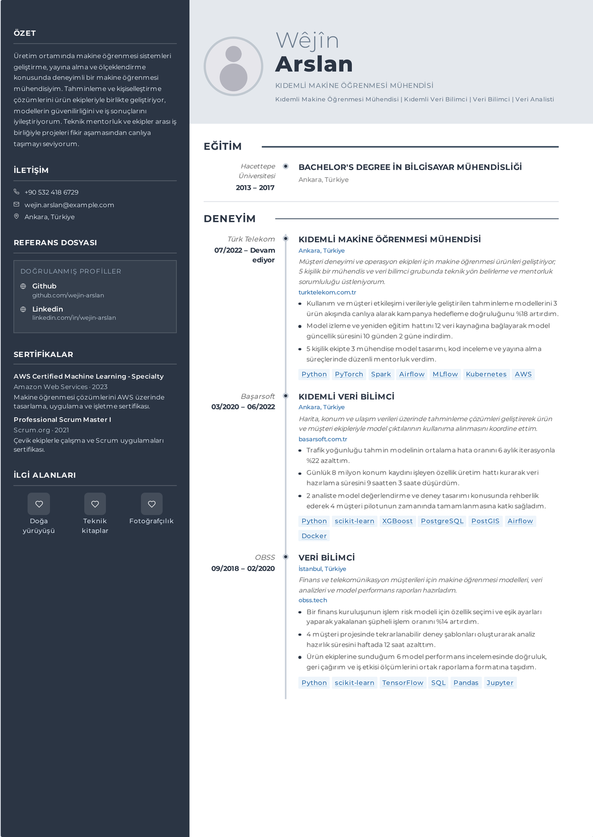 Makine öğrenmesi mühendisi özgeçmiş örneği: bir Python ve MLOps yığınını, üretim model sunumunu, kayma izlemesini ve hem iş hem mühendislik ölçütlerini gösteren kıdemli bir ML mühendisinin özgeçmişi.